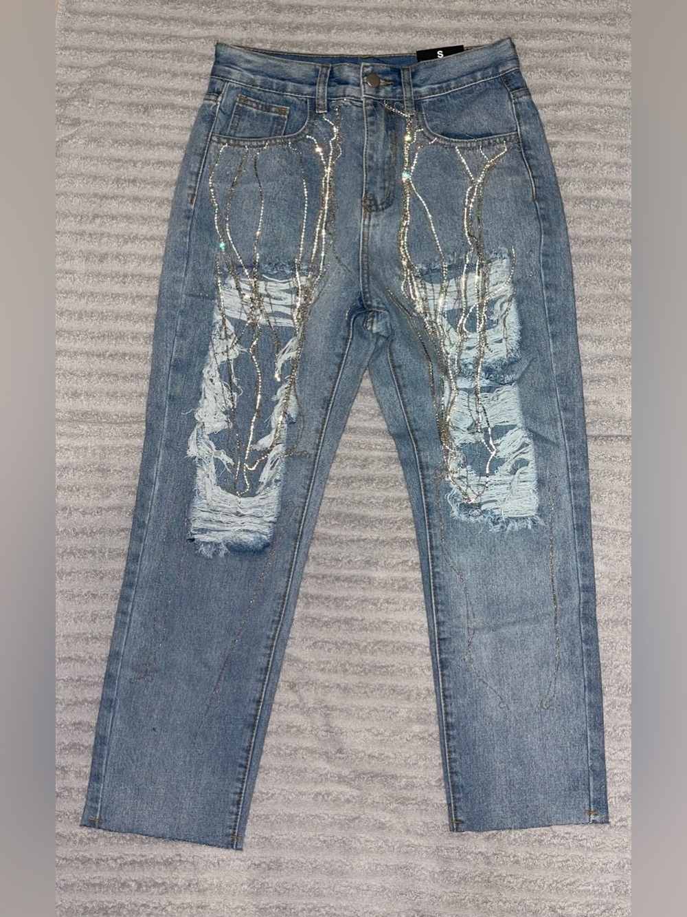 Fashion Nova Light Blue Straight Jeans with Silver Sequin Detail